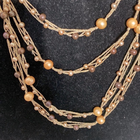 PRETTY long Pearl & gold braided cord beaded necklace 50” - Picture 3 of 16